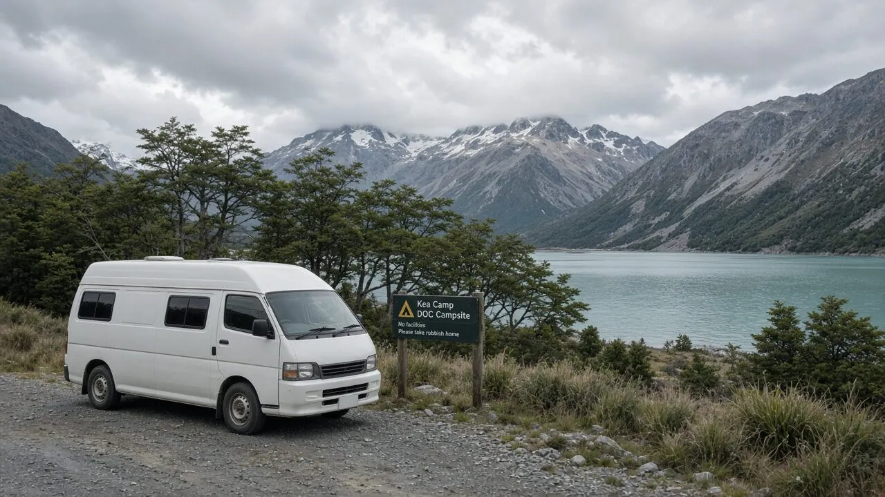 湖邊營地停著一輛白色露營車,後方是山