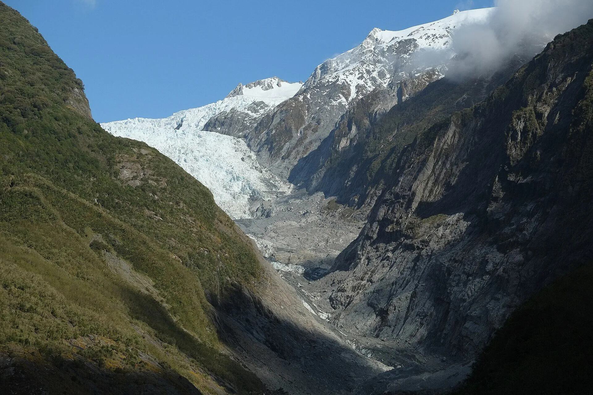 法蘭士約瑟夫冰河從雪山流下,兩側是長滿植物的陡峭山壁
